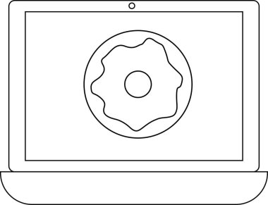 çizgi dizüstü bilgisayar simgesi ve donut kremi simgesi. Beyaz arkaplan