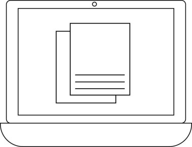 dizüstü bilgisayar çizgisi simgesi ve beyaz arkaplanı olan iki kağıt simgesi.