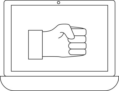 dizüstü bilgisayar çizgisi simgesi ve el tutuşu simgesi. Beyaz arkaplan