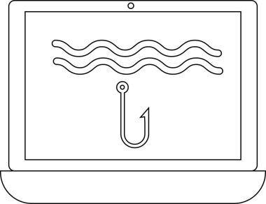 dizüstü bilgisayar çizgisi simgesi ve balıkçı kancası simgesi.
