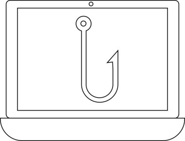 dizüstü bilgisayar hattı simgesi ve balıkçı kancası simgesi. Beyaz arkaplan