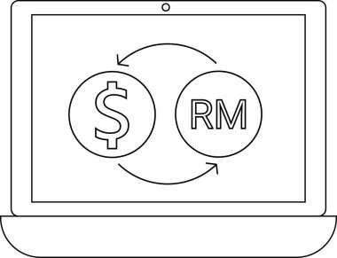 Bilgisayar hattı simgesi ve simgesi dolar sikkelerini beyaz arkaplan ile Malezya ringgit sikkelerine dönüştürür.