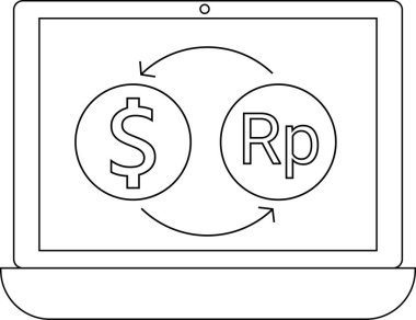 Dizüstü bilgisayar çizgisi simgesi ve simgesi dolar sikkelerini Endonezya rupia sikkelerine dönüştürür.
