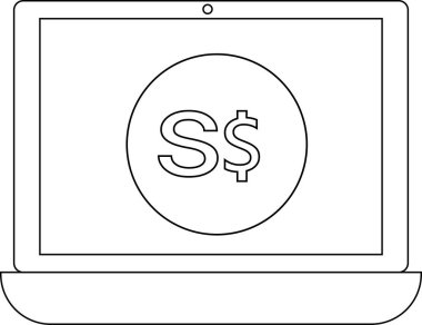 dizüstü bilgisayar çizgisi simgesi ve Singapur dolar para simgesi. Beyaz arkaplanı var.