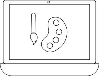 çizgi simgesi dizüstü bilgisayarı ve resim fırçası paleti. Beyaz arkaplanı var.