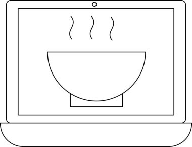 dizüstü bilgisayar çizgisi simgesi ve tüten kase simgesi. Beyaz arkaplanı var.