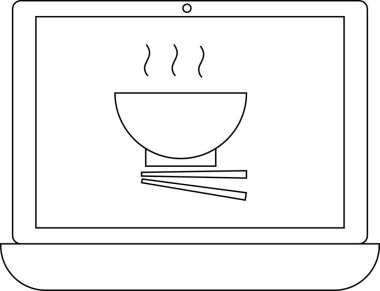 çizgi simgesi dizüstü bilgisayar ve beyaz arka planı olan tüten kase ve yemek çubukları ikonu.