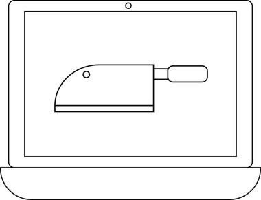 dizüstü bilgisayar çizgisi simgesi ve kasap bıçağı simgesi. Beyaz arkaplanı var.