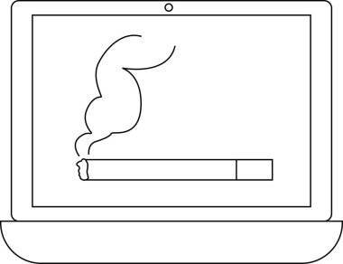 dizüstü bilgisayar çizgisi simgesi ve sigara dumanı simgesi. Beyaz arkaplan