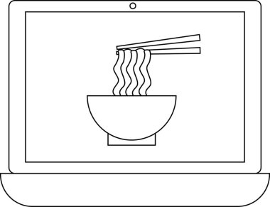 Dizüstü bilgisayar çizgisi simgesi ve bir kase erişte ikonu. Beyaz arka planda.