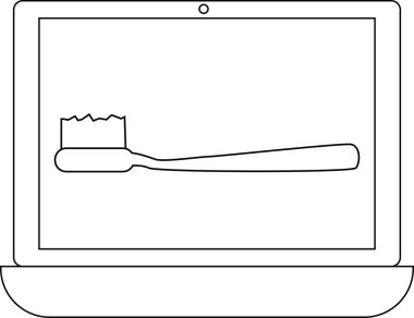 dizüstü bilgisayar çizgisi simgesi ve diş fırçası simgesi. Beyaz arkaplan