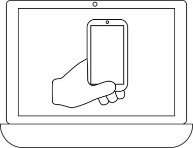 Dizüstü bilgisayarın çizgi simgesi ve el kamerasının simgesi. Beyaz arkaplanı olan akıllı telefon.