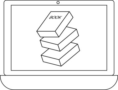 dizüstü bilgisayar satırı simgesi ve yığın halinde beyaz arkaplanı olan kitap simgesi.