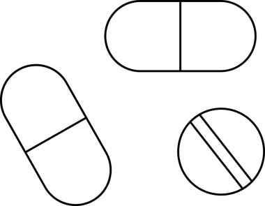 Üç eskiz hap iki kapsül siyah çizgilerle bölünmüş bir mermi şeklinde.