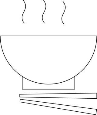 Asyalı mutfağını işaret eden yemek çubuklarının altında buharlı taslak var. Siyah çizgileri var.