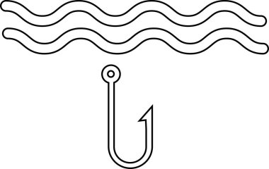 Siyah çizgilerle çizilmiş iki dalgalı çizginin altında bir olta.