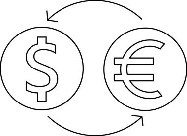 Dolar Euro sembolleri her biri eğri oklarla birbirine bağlanmış siyah çizgilerle döviz alışverişini gösteren çemberler.
