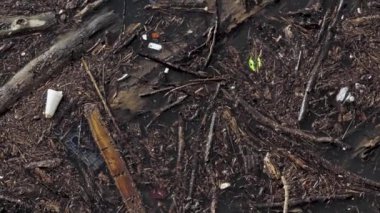 A pile of dry wooden pieces floating over the water.