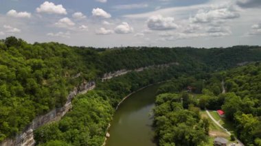 Kentucky Bluegrass bölgesindeki yeşil ormanlı nehrin hava aracı görüntüsü.
