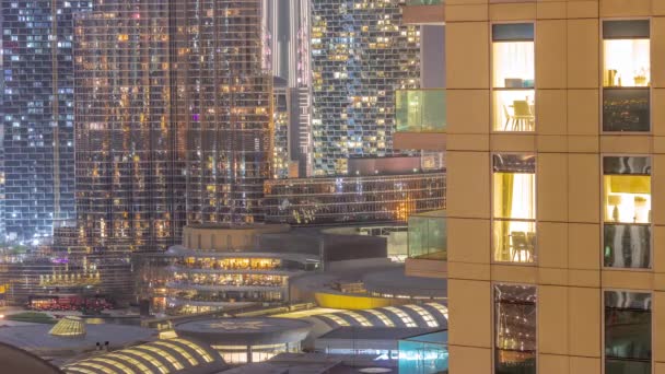 Shopping Mall Exterior Earth Hour Reastaurants Balconies Night Timelapse Dubai — Αρχείο Βίντεο