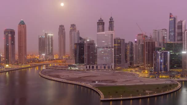 Cityscape Skyscrapers Dubai Business Bay Півостровом Водному Каналі Вночі День — стокове відео