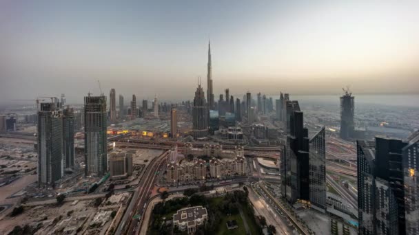 Aerial Panorama Tallest Towers Dubai Downtown Skyline Highway Day Night — Stock Video
