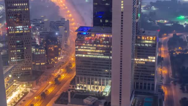 Gedung Pencakar Langit Kantor Dengan Pencahayaan Keuangan Distrik Udara Malam — Stok Video