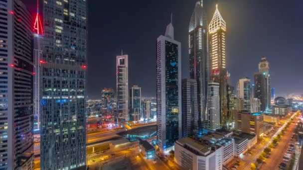 Flygfoto Över Dubai International Financial District Med Många Skyskrapor Hela — Stockvideo