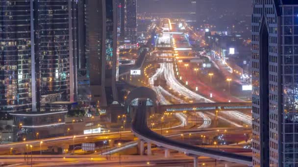 Upptagen Sheikh Zayed Road Antenn Hela Natten Timelapse Tunnelbana Järnväg — Stockvideo