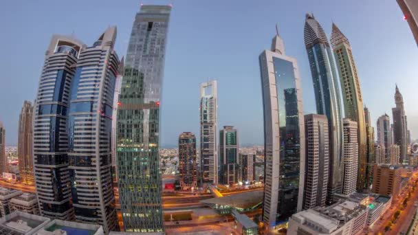 Dubai Uluslararası Finans Bölgesi Nin Panorama Gün Doğumunda Gece Gündüz — Stok video