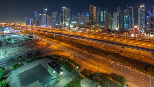 Dubai Marina Wolkenkrabbers Sheikh Zayed Weg Met Metro Spoorlijn Panoramische — Stockvideo