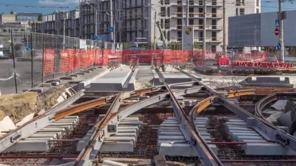 Repair Works Street Timelapse Laying New Tram Rails City Street — Stockvideo