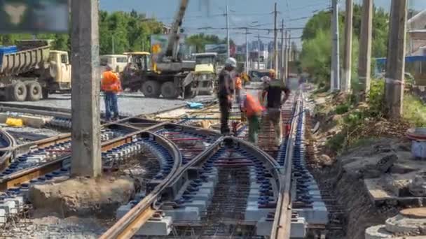 Repair Works Street Timelapse Laying Crane New Tram Rails City — стоковое видео
