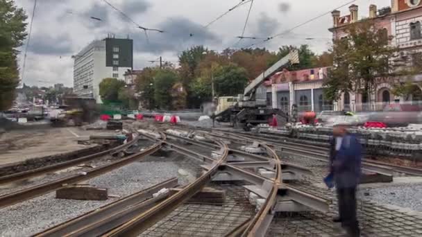 Repair Works Street Intersection Timelapse Laying New Tram Rails City — Vídeo de stock