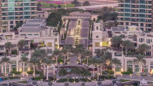 Dubai Marina Fountain Aeral Day Night Transition Timelapse Port Luxury — Vídeo de stock