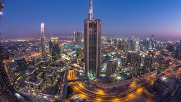 Dubai Downtown Day Night Transition Timelapse Modern Towers Panorama Topo — Vídeo de Stock
