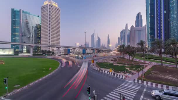 Kereszteződés Sheikh Zayed Körül Felhőkarcolók Nap Éjjel Átmenet Timelapse Híd — Stock videók