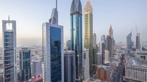 Panoramę Budynków Difc Ulicy Sheikh Zayed Road Dzień Nocy Przejścia — Wideo stockowe