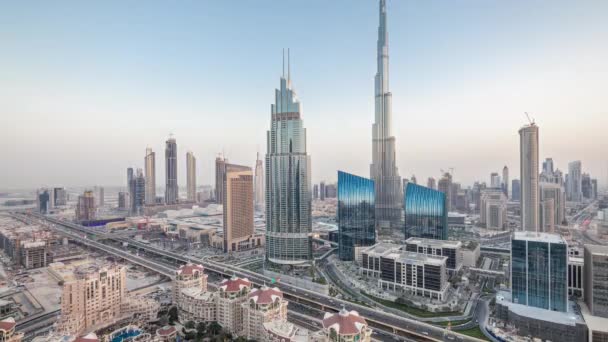 Panorama Dubai Downtown Skyline Day Night Transition Timelapse Tallest Building — Stock Video