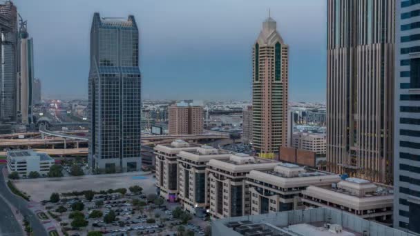 Dubai Centrum Skyline Nacht Tot Dag Transitie Timelapse Sheikh Zayed — Stockvideo