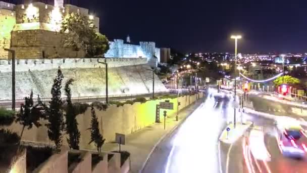 Traffic Jaffa Street Tower David Night Timelapse Hyperlapse Aerial View — Stock Video