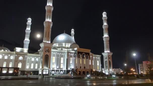 Verlicht Hazrat Sultan Moskee Astana Timelapse Hyperlapse Nachts Met Volle — Stockvideo