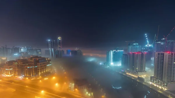 Buildings Covered Thick Layer Fog Business Bay All Night Timelapse — Stock Photo, Image