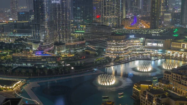 Dubai Fountain Air Night Timelapse Музыкальный Фонтан Расположенный Искусственном Озере — стоковое фото