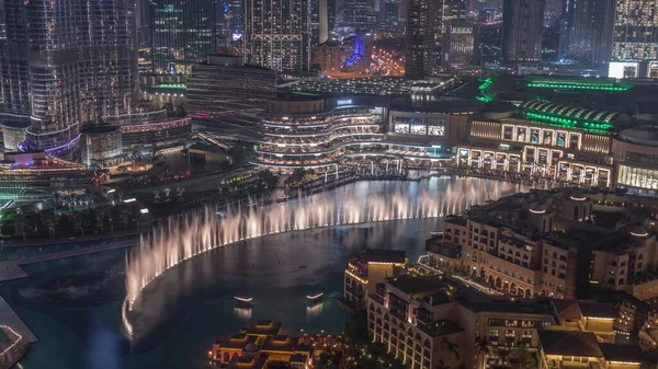 Dubai Fountain Antenne Nacht Zeitraffer Musikalischer Brunnen Einem Künstlichen See — Stockfoto