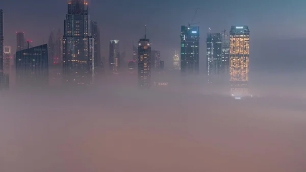 Vista Aérea Niebla Matutina Cubierta Dubai International Financial Centre Distrito —  Fotos de Stock