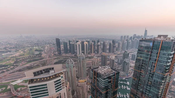 Panorama Dubai Marina Con Rascacielos Jlt Día Noche Timelapse Transición —  Fotos de Stock