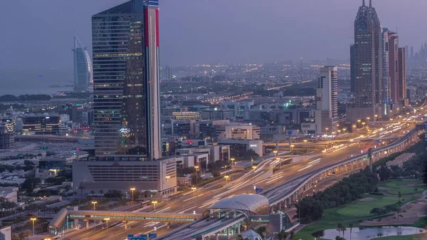 Повітряний Вид Шейх Заєд Роуд Районі Дубай Інтернет Міста Освітленими — стокове фото