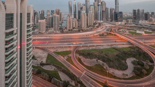 Panoráma Dubai Marina Autópálya Kereszteződés Spagetti Csomópont Éjjel Nappal Átmeneti — Stock Fotó
