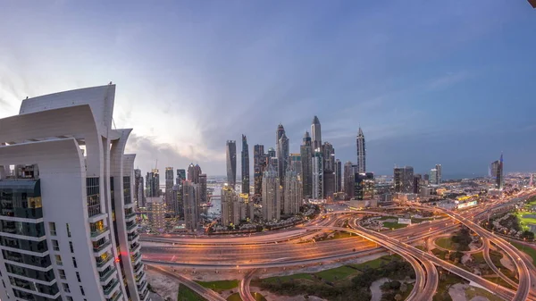 Panorama Dubai Marina Después Intersección Carretera Del Atardecer Cruce Espaguetis —  Fotos de Stock